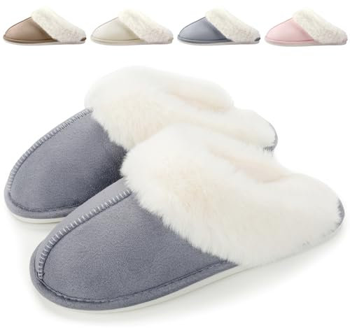 BHFRGAS Slippers Women Comfy Non-Slip Warm Womens Slippers with Memory Foam Fluffy Fuzzy Soft Winter for Outdoor Indoor，Grey，5-5.5 UK