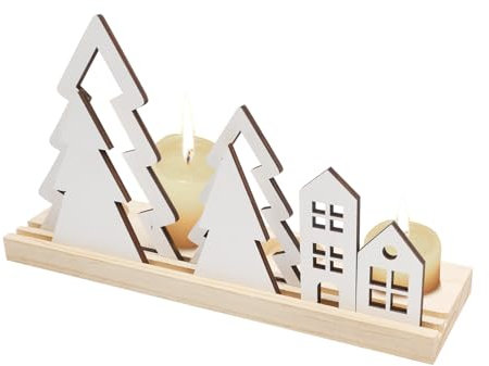 LAMEK Häuser Kerzenhalter Mini Baum Kerzenständer Holz 4CM Kerzen Halter Holzhaus Kerzenteller Weihnachtsbaum Stabkerzenhalter Tisch Kerzenuntersetzer für 4 Stabkerzen Fenster Kamin Adventskalender