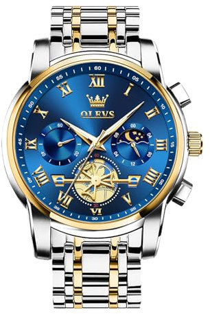 OLEVS Bicolor Armbanduhr Herren Blau Zifferblatt Edelstahl Herrenuhr Wasserdicht Leuchtende Großes Metallarmband Männer Uhr mit Mondphase Römische Zahlen Analog Uhr für Herren Chronograph Geschenke
