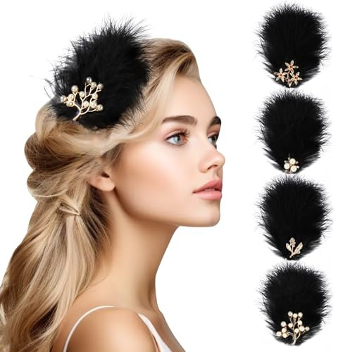 MWOOT 4 Pieces Feder Schwarz Fascinator Damen, Pearl Styler Black Feather Hair Clip