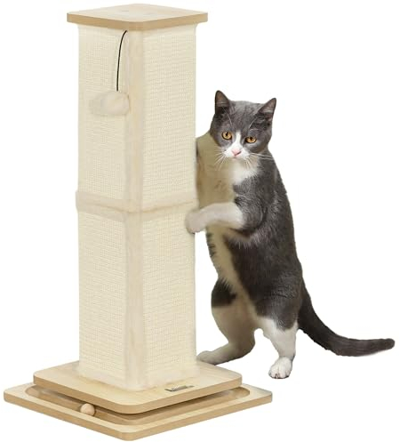 PawHut 3-in-1 Kratzstamm, 67cm Kratzsäule, Sisal-Katzenkratzbaum mit Spielball, Kratzbaum für Katzen, Katzen Kratzmöbel, Indoor, Eiche