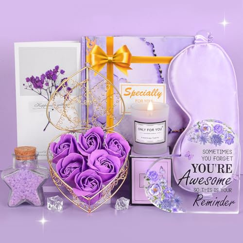 Coffret Cadeau Femme, Cadeaux Anniversaire Pour Femmes, Ensemble De Bain Cadeau Bougie Sel De Bain, Plaque acrylique Cadeau Personnalisé pour Femme, Idées Cadeaux Amusantes pour Elle,Femme (Violet)
