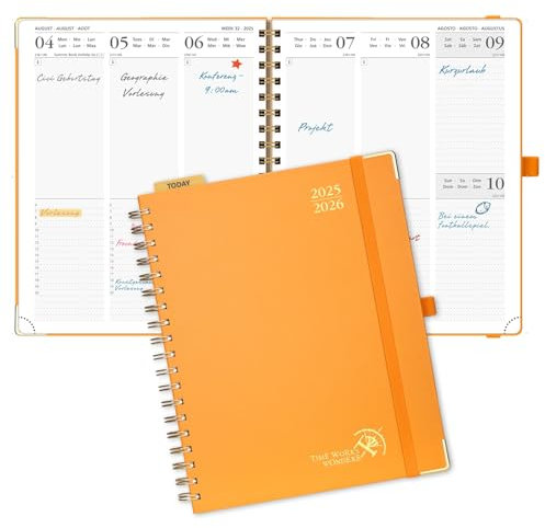 POPRUN Kalender 2025 2026 Buchkalender Ringbuch mit Hardcover, ca. A4 (25,5 x 20,5 cm), 17-Monate-Terminplaner (Aug.2025-Dez.2026), Wochenplaner 2025 2026 mit Plastiklineal - Orange