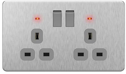 LIDER 2-Gang Switched 13A Socket, UKCA, Stainless Steel