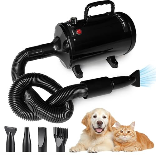 Soffiatore per Cani Asciugacapelli per Cani 2800W Phon per Cani Silenzioso Asciugatrice per Cani Velocità e Temperatura Regolabili Asciuga Cane Professionale Asciugatore per Cani con 4 Ugelli (Nero)