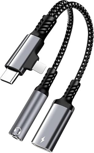 2 in 2 Light-ning and USB C to 3.5mm Headphone audio and Fast Charger Adapter, type C to 3.5mm Jack, Light-ning to 3.5mm aux, Compatible with GalaxyS22/S21 Ultra,i-Pad Pro, Pixel, i-Phone 15 14 13