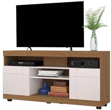 ACTUAL DIFFUSION Meuble TV 47 Pouces Chêne et Blanc 2 Portes 5 Niches roulettes L 136 H 69.8 P 37.4 cm
