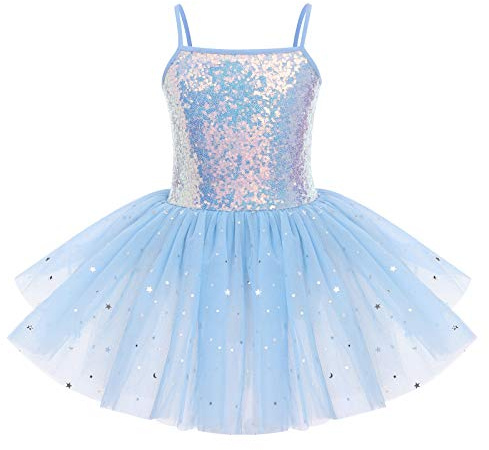 IWEMEK - Abito da Balletto per Bambina con Tutu, senza Maniche e con Paillettes, Body da Balletto, Vestito da Danza, per Ginnastica, blu, 8-9 Anni