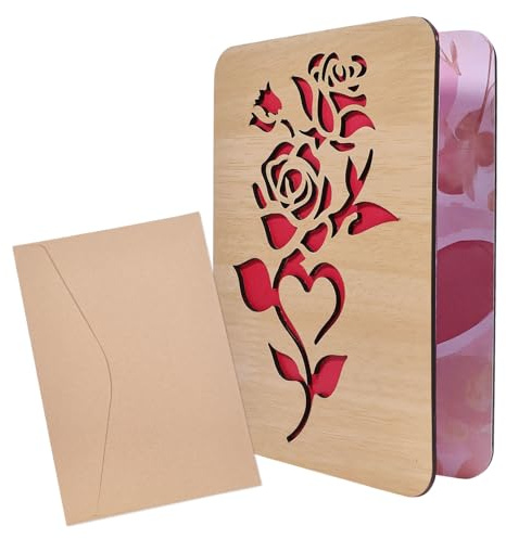 ORIGACH Große Geburtstagsgrußkarte aus Holz Mit Umschlag Rose Handgemachte Jahrestagskarten aus Holz Kreative Valentinstag Geburtstag Hochzeit Grußkarte
