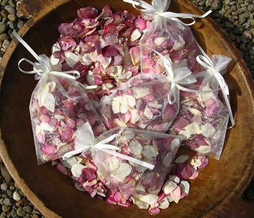 Pétalos de rosa secos naturales en bolsas de organza, rosa y blanco, confeti de boda, 25 sobres, tamaño mediano