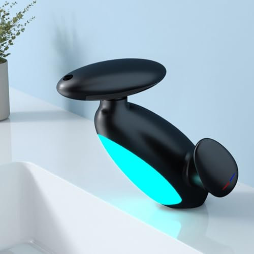 Yalsfowe LED Robinet de salle de bain avec douchette extractible, 4 modes bec pivotant à 360°, Robinet lavabo cascade, poignée unique, Mitigeur lavabo monotrou,Noir