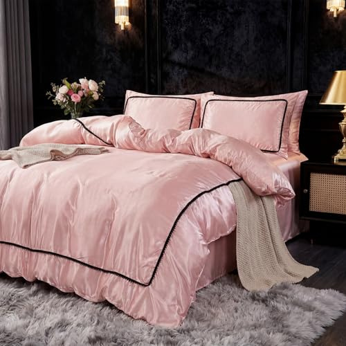 Herside Pinkes Satin-Bettwäsche-Set für Doppelbett, mit Pompom-Rand, bedruckt, luxuriös, seidige Mikrofaser, Mädchen-Bettwäsche-Set mit Reißverschluss, 3-teiliges Bettwäsche-Set