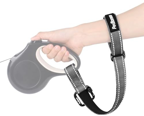 PetBonus Dog Leash Wrist Strap with Lockable Clip for Dog Retractable Leash | Adjustable Soft Padded Handle, Reflective, Escape Proof, Heavy Duty, Extra Layer Security for Pet Stroller, Grey