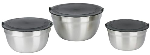 SleekAura Stainless Steel (Medium to Small) Storage/Mixing Bowls (Set of 3) with Airtight Lids, Nesting/Stackable Storage Containers, Dishwasher Safe, Ideal for Mixing, Storage and Transport.