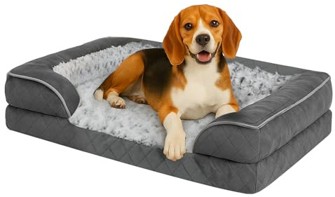 Skylos Orthopedic Memory Foam Dog Bed Large, Dog Sofa with Sides and Waterproof Liner Washable Cover, Non-Slip Pet Sofa for Large Dogs, 89x64x17cm, Grey