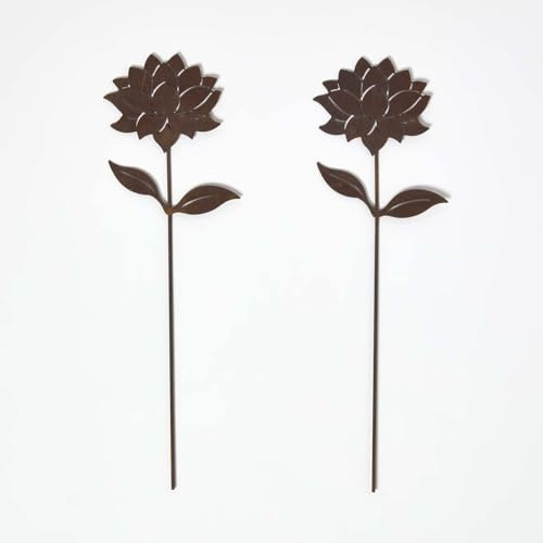 HOMESCAPES Metal Garden Stakes Decorative, Set of 2 Rustic Metal Flowers Silhouette, 37cm Dahlia Flower Stake, Weatherproof Vintage Outdoor Ornament for Gardens, Plant Pots, Planters & Balcony