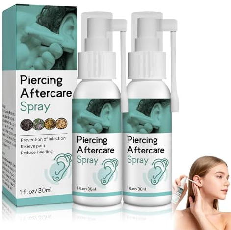 Piercing Cleaning Solution, Saline Aftercare Spray for Ear, Nose, Tongue & Navel Piercings, Mild Gentle Cleansing Mist, 2 x 30ml