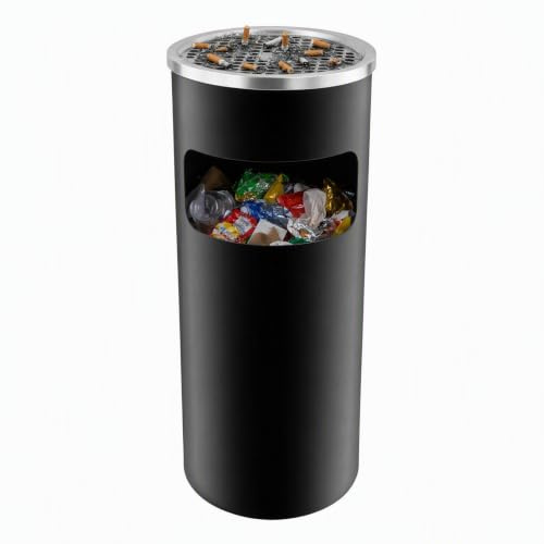 Fyssnn 2-in-1 15L Outdoor Ashtray & Rubbish Bin with Lid, Stainless Steel Free Standing Cigarette Bin Dustbin for Garden, Patio, Pub, Office, Commercial Use (Black)