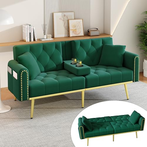 Merax 2-Sitzer ausklappbares Schlafsofa Couch mit Schlaffunktion, verstellbare Rückenlehne,2 Zierkissen,Faltbarer Getränkehalter,Seitentaschen, Velvet/Grün, 175 × 80 × 73,5 cm