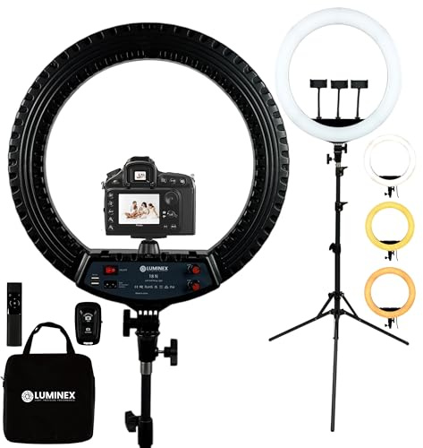 LUMINEX 18 Inch LED Ring Light with Tripod, Dimmable 3000–6500K Studio Lighting Kit with Bluetooth Camera Remote, Phone Holders & Carry Bag for Video, Makeup & Streaming