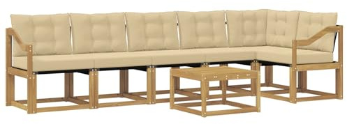vidaXL Outdoor-Sofagarnitur mit Kissen 7 pcs Weiß und Beige, Garten, modernes Sofa-Set, langlebige Möbel für draußen, stilvolle Lounge, entspannen am Pool