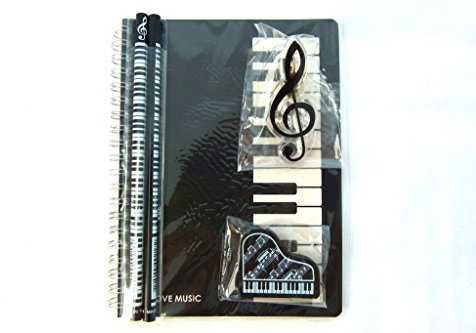 Music Themed Stationery Notebook Set - Black Piano Keys Spiral Bound Notebook, Piano Eraser, Treble Clef Clip and 2 Musical Notes Pencils