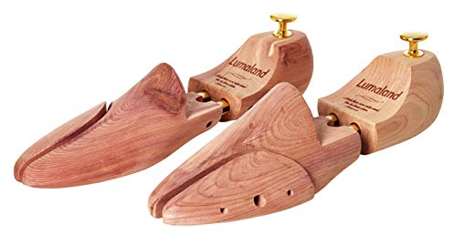 Lumaland® Premium Zedernholz-Schuhspanner für Damen und Herren | Doppelfederung für perfekte Formerhaltung, geteiltes & einstellbares Vorderblatt | Inklusive Baumwoll-Aufbewahrungsbeutel, Grösse 38/39