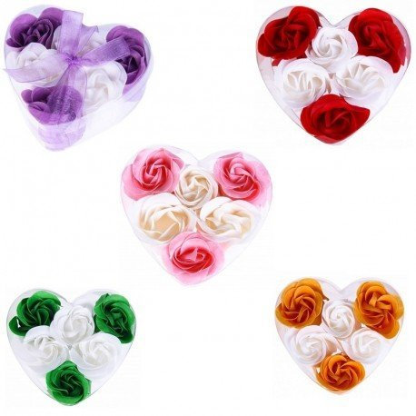 Set mit 40 Schachteln in Herzform mit 6 Seidenblumen, verziert mit Schleife – Seifen, billige Seifen, Herzen, Rosenblätter, für Hochzeit, Kommunion, Geburtstag, Valentinstag, Geschenke