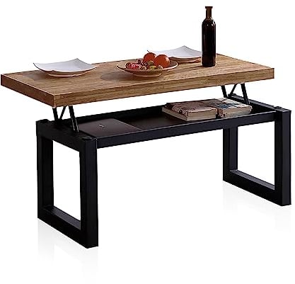 duehome | Loft, Mesa de Centro Elevable, Mesita Comedor, Acabado en Roble Boreal y Negro, Medidas: 120 cm (Largo) x 60 cm (Ancho) x 47,5/62 cm (Alto)