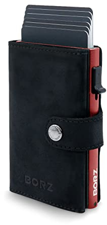 BORZ Prime ® Slim Wallet mit Münzfach AirTag kompatibel I Kartenetui mit RFID Schutz I Mini Geldbörse Cardholder I Geldbeutel für Karten & Scheine aus echtem Leder für Herren & Damen