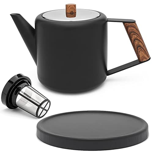 Teekanne Set 1.1 Liter - Edelstahl doppelwandig Schwarz - Großer moderner Teebereiter mit Tee-Filter-Sieb-Aufsatz für losen Tee - inkl. Holz-Untersetzer schwarz