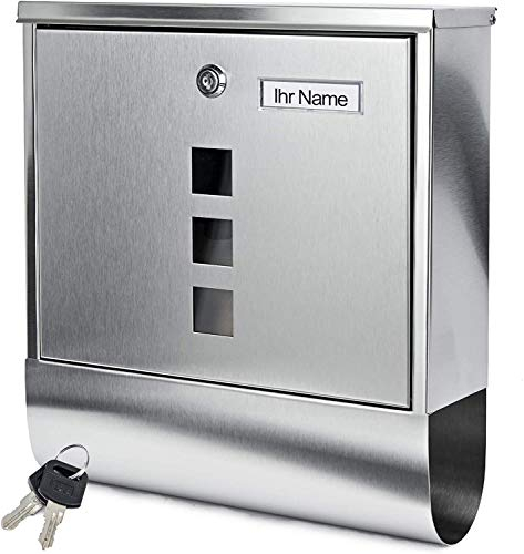 Personalisierter Briefkasten mit Zeitungsfach und 3 Sichtfenster, Edelstahl Postkasten Designer Wandbriefkasten, 2X Schlüssel Zeitungsrolle Namensschild, modern, Postkasten Mailbox, Silber (SN3631)