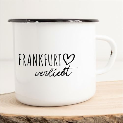 Huuraa Emaille Tasse Frankfurt Verliebt 300ml | Geschenk Kaffeebecher Vintage Blech Campingtasse mit Schwarzem Rand Kaffeetasse Geschenkidee