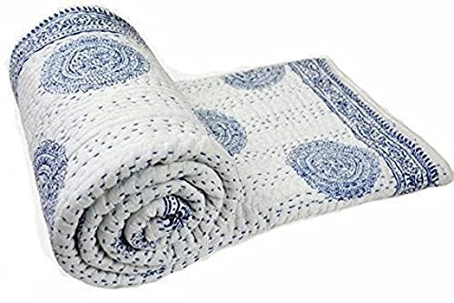 Handblock King Size Kantha Quilt Indische Kantha Quilt White Cotton Blanket Handmade Tagesdecke Handblock Print 100% Baumwolle Tagesdecke Decke Überwurf