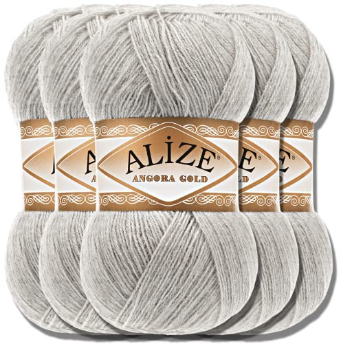 Hobby YARN Alize 5x 100g Angora Gold Türkische Premium Wolle Dünne Mohair aus Schurwolle Babywolle als Strickgarn Handstrickgarn Einfarbig Uni Yarn (Smoky | 652)
