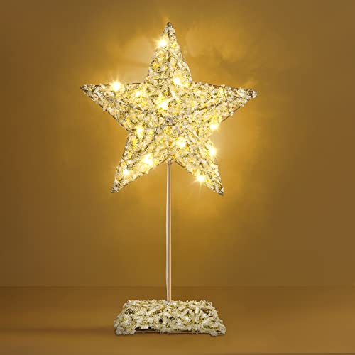 Lewondr Lámpara de Mesa Decorativa, Lámpara Mesita Noche a Batería de Metal en Forma de Estrella Ramadán con Lazo, Luces LED Adorno de Navidad para Habitación Salón Dormitorio Porche Fiesta, Oro