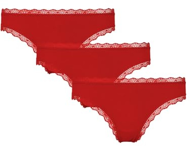 Snocks Tanga Damen mit Spitze aus Bio-Baumwolle 3er Pack - String Damen Klassisches Design - Angenehmes Tragegefühl ohne Einschneiden - Unsichtbare Unterwäsche - Kirschenrot - XS
