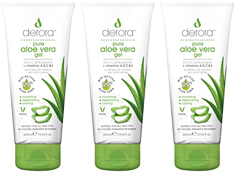 Derora Aloe Vera Gel| Enthält 100% reine und natürliche bioaktive AloeInhaltsstoffe zur Heilung, Beruhigung und Hydratisierung von Haut, Gesicht| Tierversuchsfrei & Vegan, 200 ml (3er Pack)