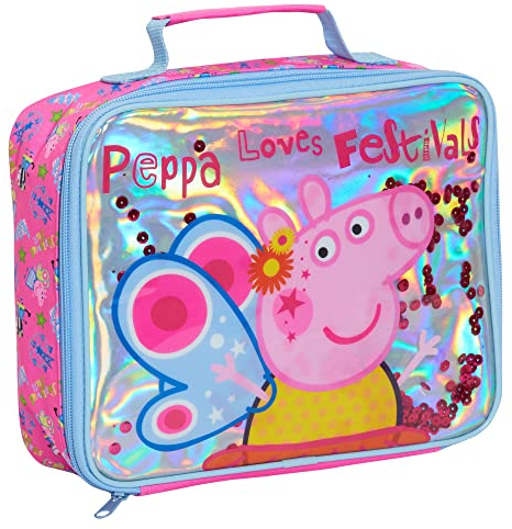Luxury Peppa Pig Lunch Bag Girls School Nursery Sequin Insulated Pink Lunchbag