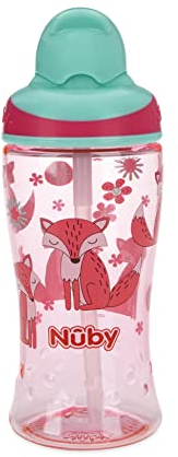 Nuby Thirsty Kids No Spill Flip-It Boost Travel Cup with Soft Silicone Straw - 12 Oz - 18+ Months - Pink Fox - Back to School Essentials
