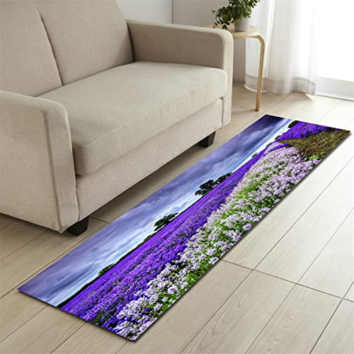 XQKXHZ Teppich Küchenläufer rutschfest Küchenteppich Waschbar Küchenmatte Lavendel-Druck Teppich Läufer Violett Blumenteppich Flur Küche Fußmatte Badematten,11,60x180cm/24 x71