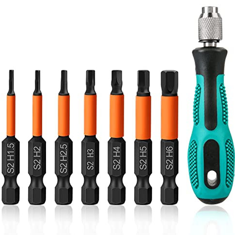 K Kwokker 7Pcs 50mm Hex Allen Key Bit Set, S2 Steel Metric Hex Head Allen Wrench Drill with Mini Handle Screwdriver, 1.5MM-6MM 1/4 Shank Magnetic Inner Hexagon Screwdriver Bit