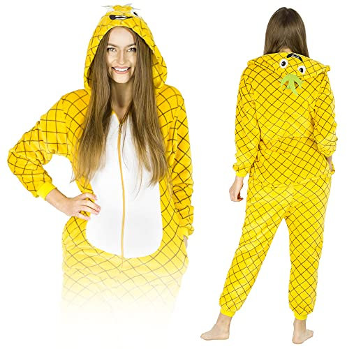 ZOLTA Jumpsuit Onesie für Damen und Herren - Sanft Kuschelig Unisex Pyjama - Karnevalskostüm - Warme Schlafanzug - Karneval kostüm - Beliebte und Lustige Motiv - Ananas - L