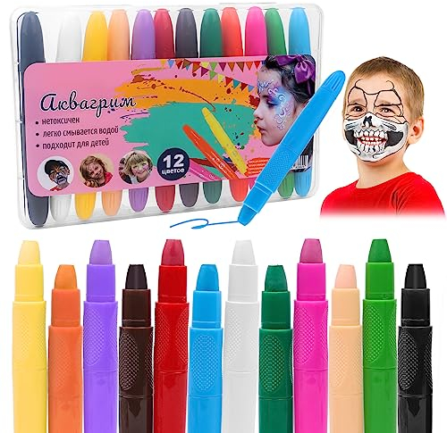 Pinturas Cara para Niños,12 Colores Pinturas para La Cara, Seguridad No Tóxica Pintacaras Infantil Pintura Facial,Crayones de Maquillaje,Pintura Corporal y Facial para Barriga Embarazada,Cosplay