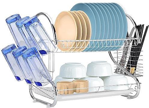 Youyijia Dish Drainer Rack 2 Tier Plate Drainer Rack Dish Drainer With Utensil Holder Drip Tray Stainless Steel Cutting Board Holder And Dish Dryer - Draining Board Rack With Cup Holder For Kitchen