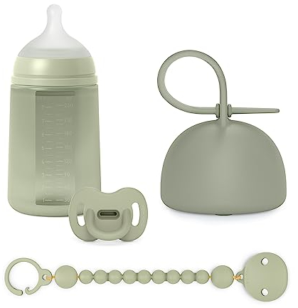 Suavinex, Pack Bebé Regalo Recién Nacido con Biberón Anticólico de Silicona, 240 ml, de Flujo Medio (M), Chupete de Silicona con Tetina SX Pro 0/6 Meses, Chupetero y Portachupetes de Silicona, Verde
