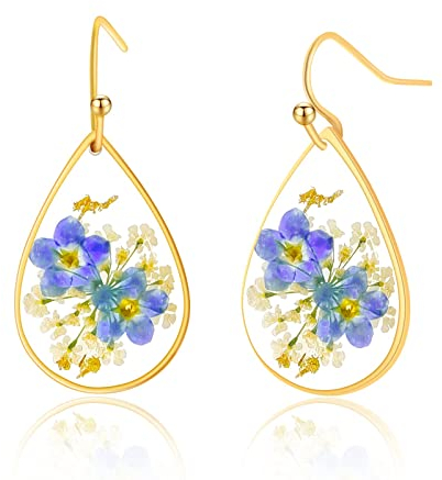 Ohrringe mit Gepressten Vergissmeinnicht Blumen,Geburtsblume Blume Ohrringe Damen,Personalisierte Ohrringe Mädchen,Ohrringe Mädchen,Handmade Ohrringe,Geschenk für Frau,Abschiedsgeschenk Erzieherin