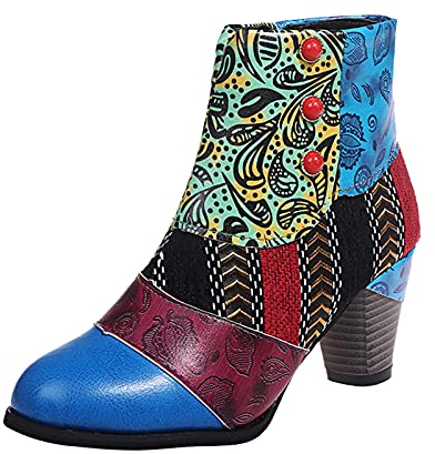 UnoSheng Damenleder Rot 39 Mode Damenschuhe atmungsaktiver Chunky High Heels retro Reißverschluss kurze Stiefel New Look Damen Schuhe (Blue, 37)