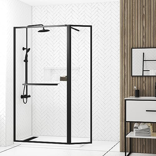 Paroi de Douche avec Volet Pivotant 90+40x200cm - Profilé, Porte-serviette et étagère NOIR MAT