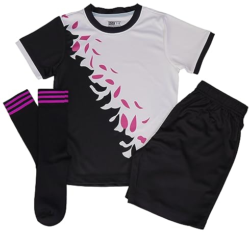 Girls Football Kit - Multi coloured kits would make great football gifts for girls. An all-round sports kit & football kit for kids and future England Lionesses. (Black & Pink, 5-6)